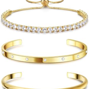 14K Gold Bracelets for Women Trendy Bangle Cuff Chain Bracelets Set Gold Plated Paperclip Bead Tennis Bracelet Chunky Gold Filled Bracelet Stack 3/4PCS
