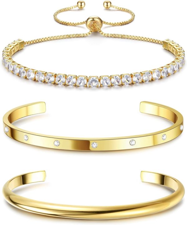 14K Gold Bracelets for Women Trendy Bangle Cuff Chain Bracelets Set Gold Plated Paperclip Bead Tennis Bracelet Chunky Gold Filled Bracelet Stack 3/4PCS