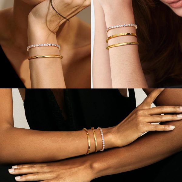 14K Gold Bracelets for Women Trendy Bangle Cuff Chain Bracelets Set Gold Plated Paperclip Bead Tennis Bracelet Chunky Gold Filled Bracelet Stack 3/4PCS - Image 4