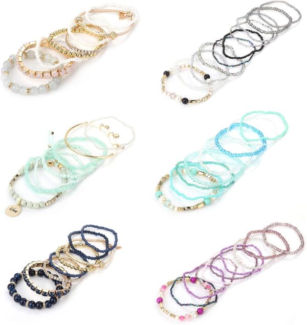 6 Sets Bohemian Stackable Bead Bracelets for Women Stretch Bohemian Style Stretch Multilayered Boho Bracelet Set - Image 5