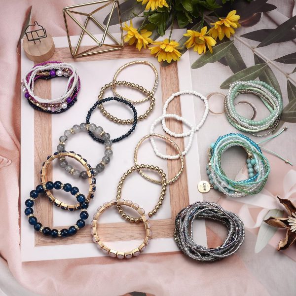 6 Sets Bohemian Stackable Bead Bracelets for Women Stretch Bohemian Style Stretch Multilayered Boho Bracelet Set - Image 7