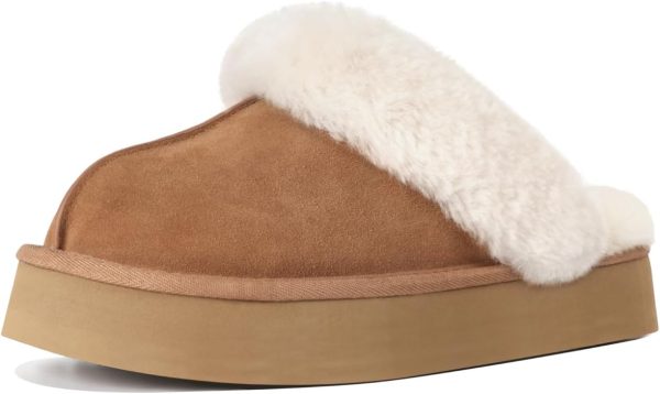 Fuzzy Platform Slippers for Women - Women's Casual Winter House Slippers - Brown, Faux Fur & Shearling Blend - Women's Size