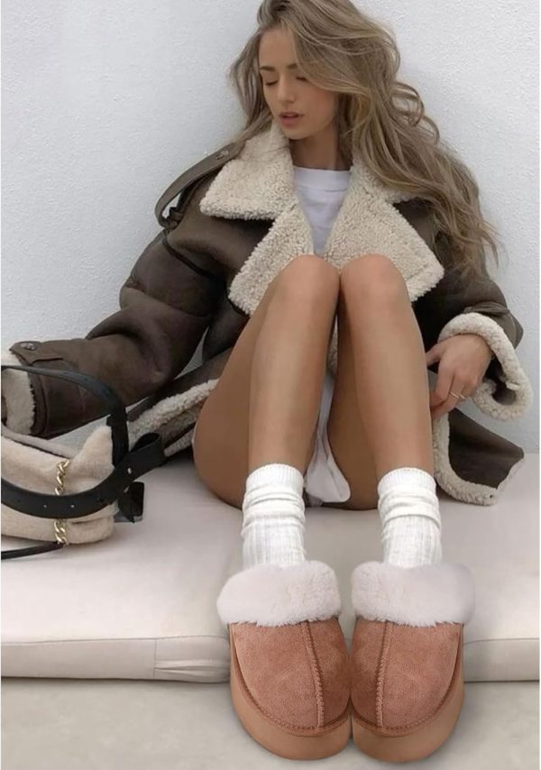 Fuzzy Platform Slippers for Women - Women's Casual Winter House Slippers - Brown, Faux Fur & Shearling Blend - Women's Size - Image 6
